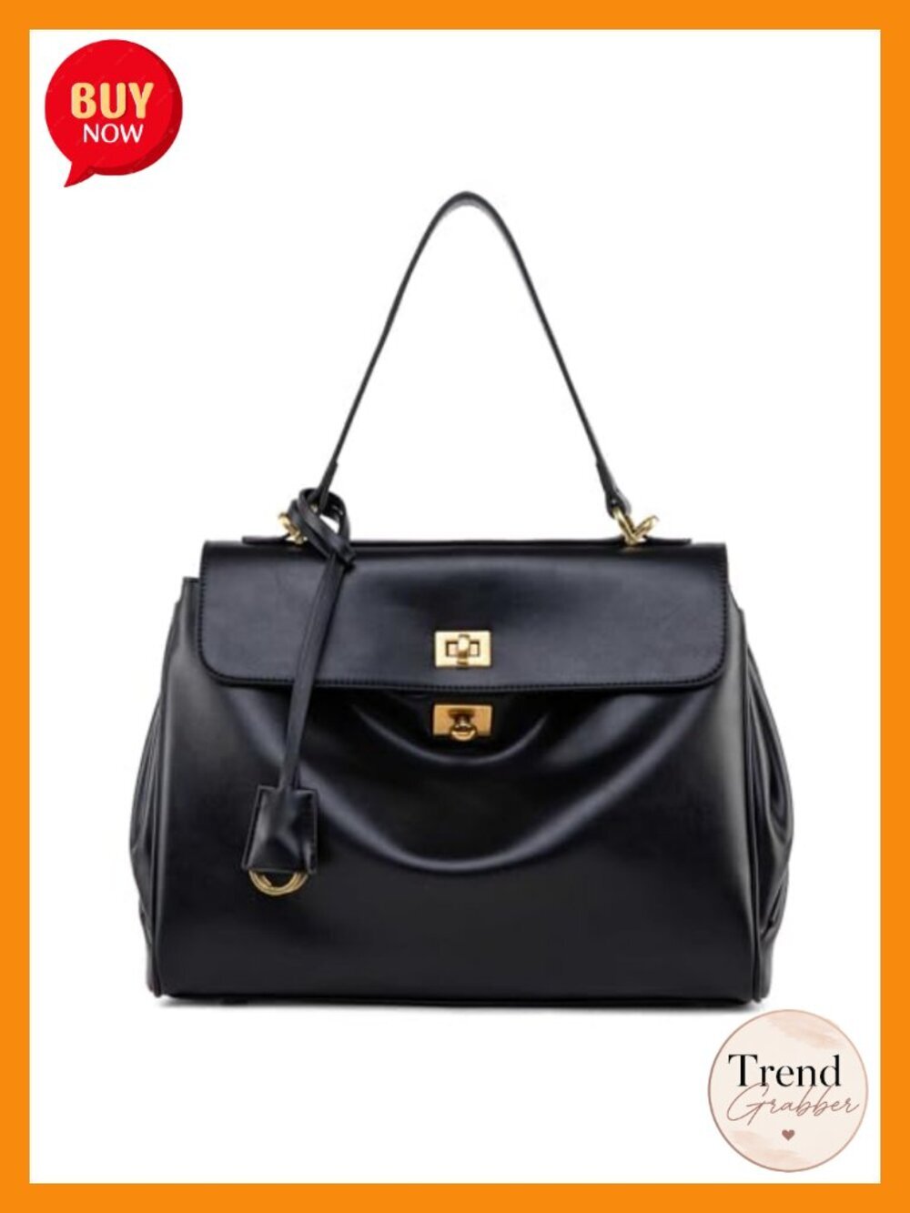 Soft Leather Tote Bag with Gold Clasp, Adjustable Shoulder Strap, Laptop